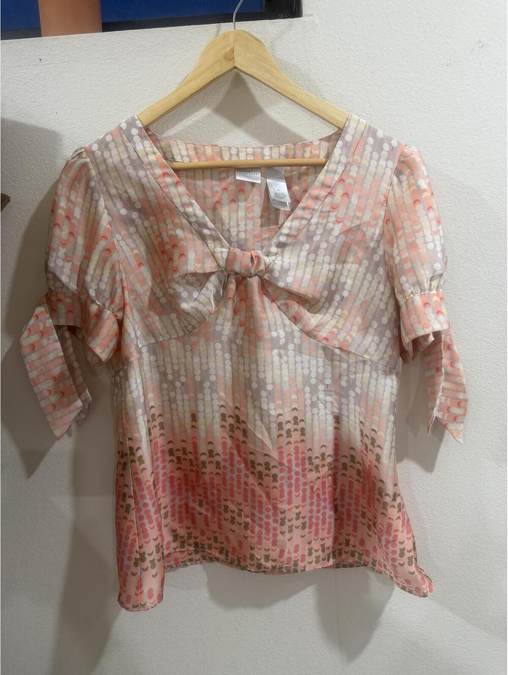 Emma James blouse in pastel yellow, gray, and salmon